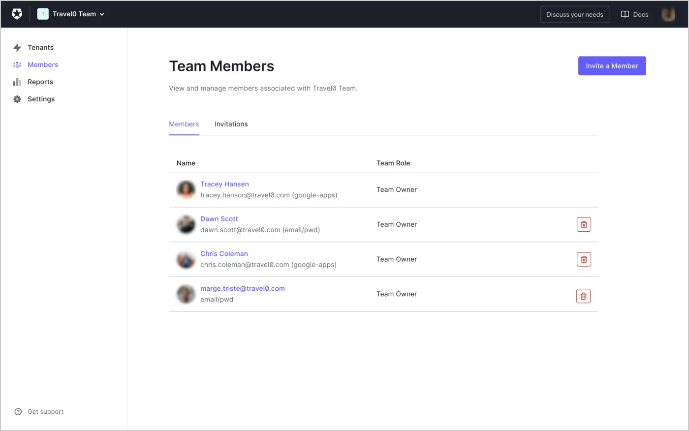 A view of Auth0 Team Members on the Teams Dashboard