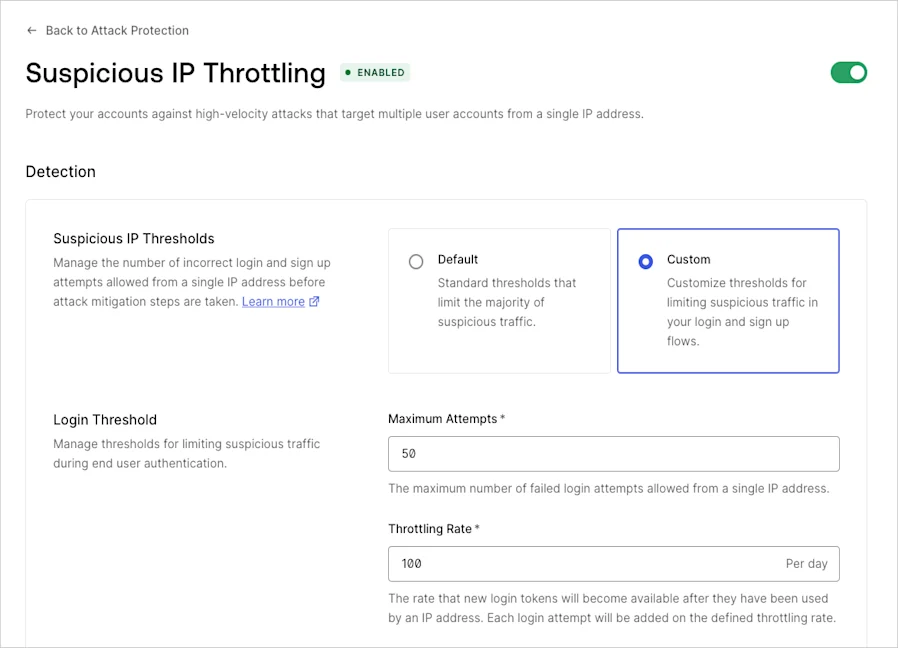 Auth0 suspicious IP throttling settings