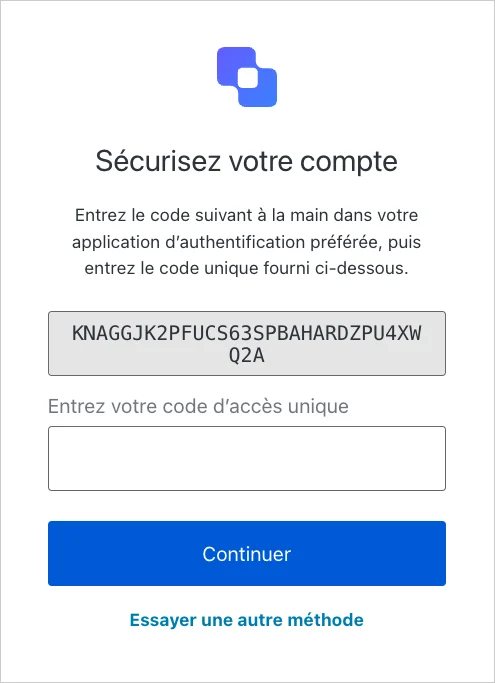 The temporary one-time password enrollment screen as displayed on a mobile device.
