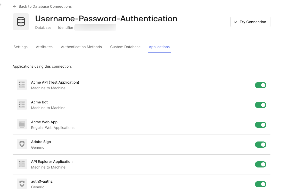 Dashboard - Connections - Database - Edit - View Applications