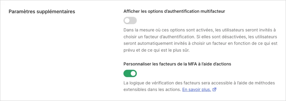 Auth0 Dashboard > Sécurité > Authentification multifacteur > paramètres additionnels