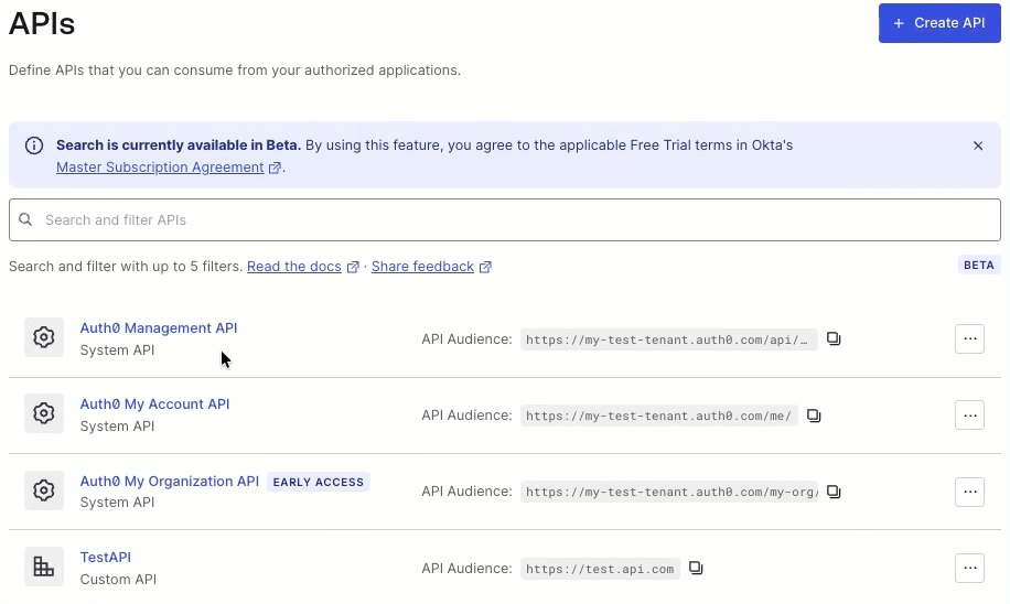 Typing in the Auth0 Dashboard search bar showing filter suggestions and results