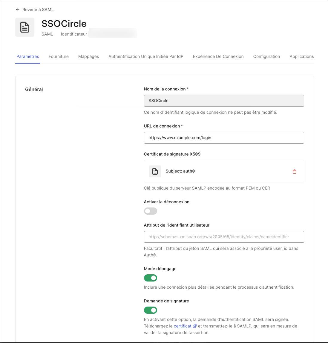 Troubleshoot SAML Connections Enable Debug Mode screen