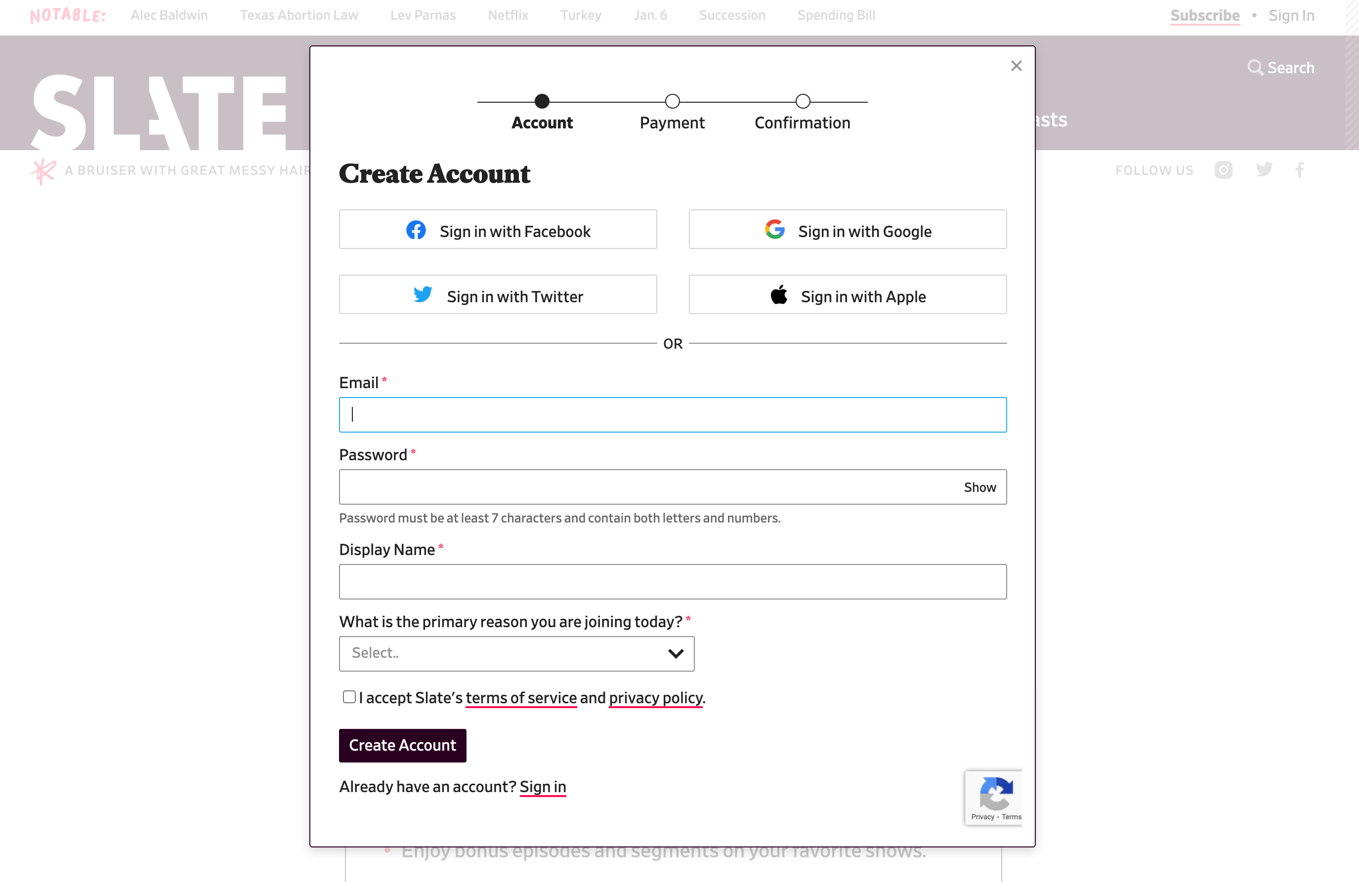 Screenshot of Slate magazine login