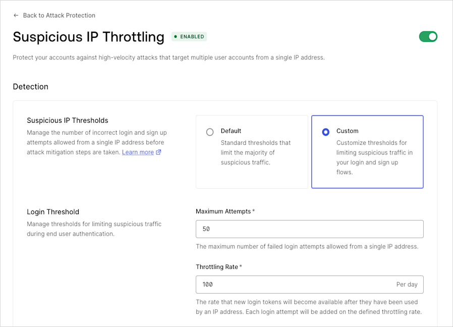 Auth0 suspicious IP throttling settings