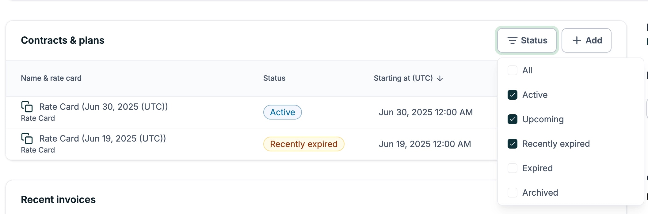 Filter Preferences Contracts Plans Table