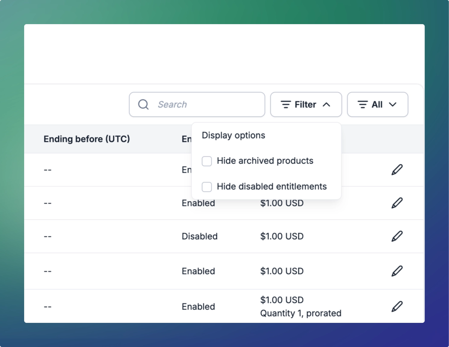 Rate Card Table Disabled Entitlements