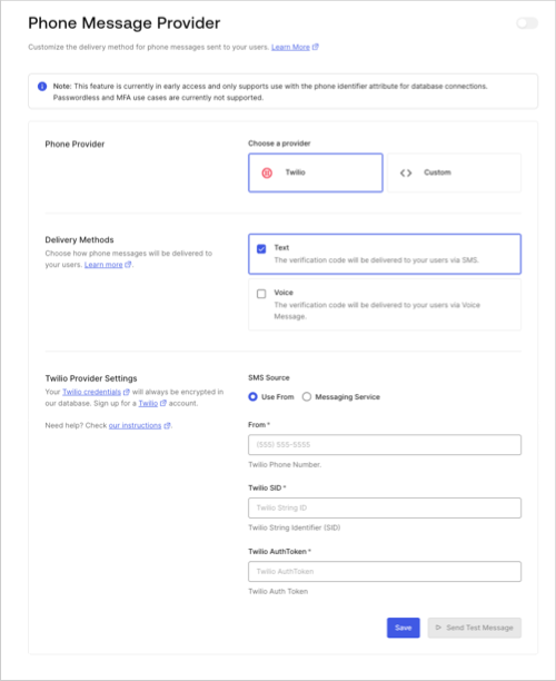 Branding > Phone Provider > Twilio