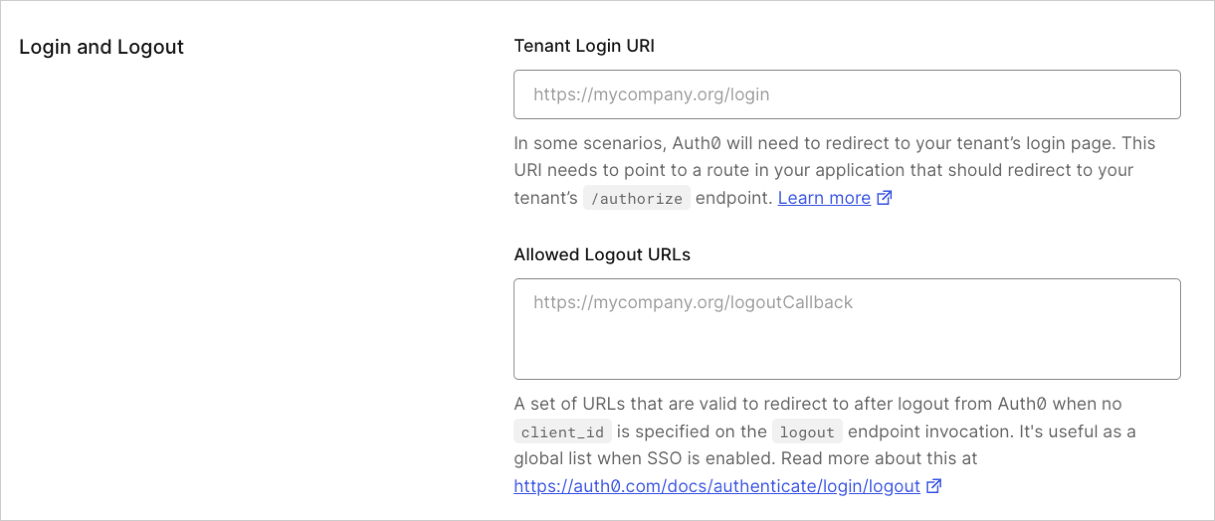 Dashboard Tenant Settings Advanced Tab Login and Logout