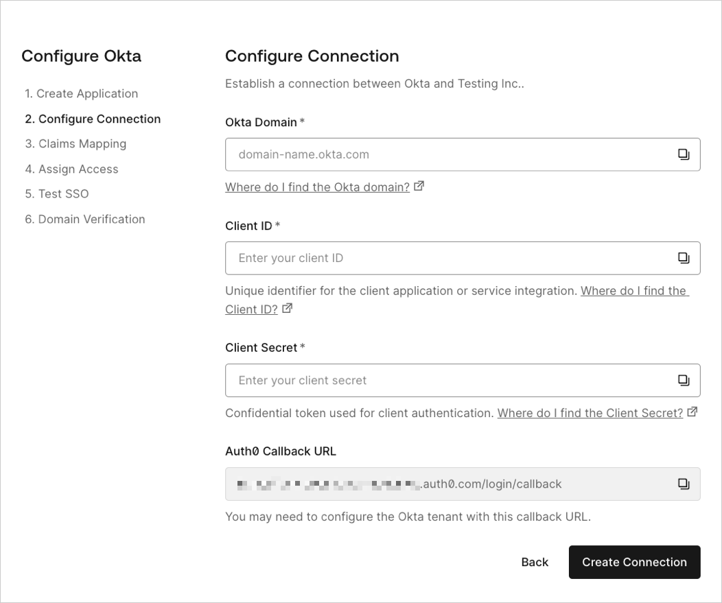The third step of the self-service assistant that customer admins use to configure SSO.
