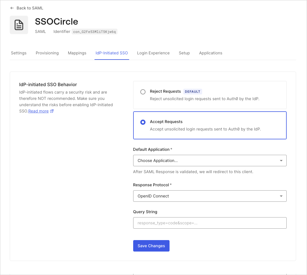 Protocols IdP-initiated SSO Configuration Screen