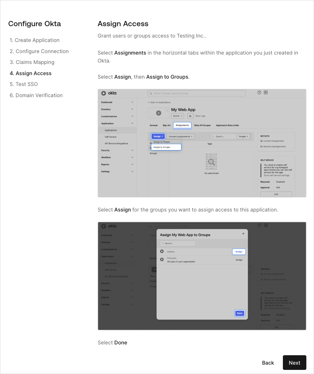 The fifth step of the self-service assistant that customer admins use to configure SSO.