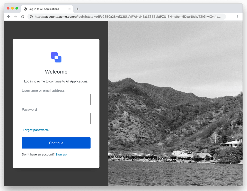 Universal Login box with email username/password and image layout example