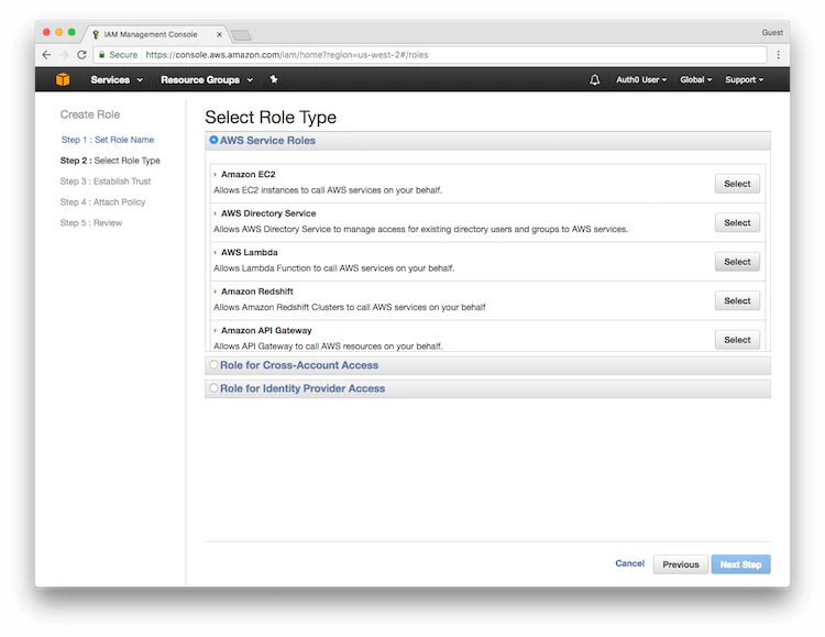 IAM Console - Select the Role Type - Service Roles - AWS Lambda