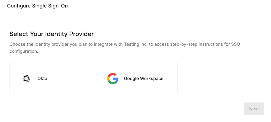 The first step of the self-service assistant that customer admins use to configure SSO.