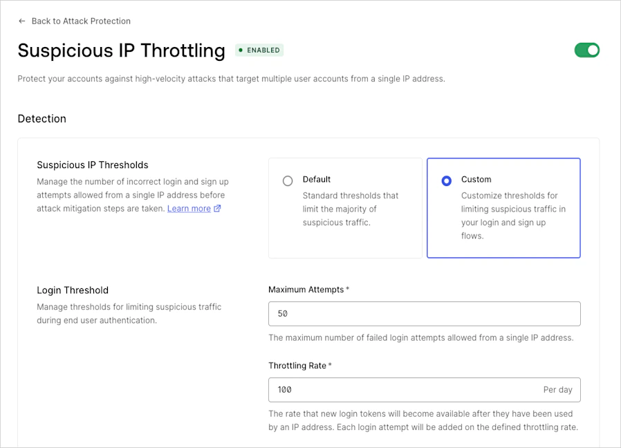 Auth0 suspicious IP throttling settings