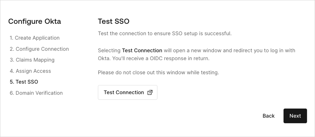 The sixth step of the self-service assistant that customer admins use to configure SSO. -