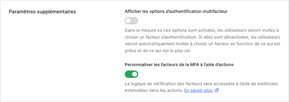 Auth0 Dashboard > Sécurité > Authentification multifacteur > paramètres additionnels