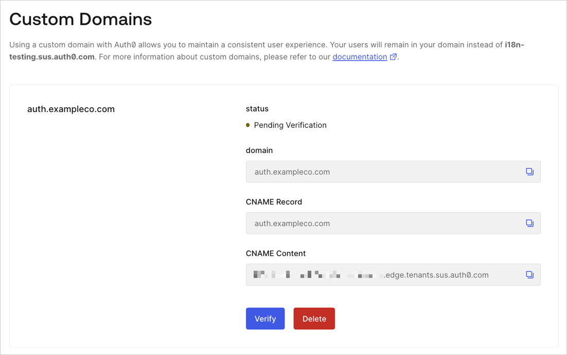 Auth0 Image de marque Domaines personnalisés Certificat géré par Auth0 Vérifier le domaine
