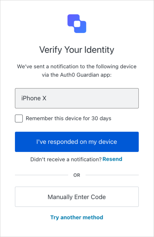 Manually Enter Codeボタンが表示されたMFA画面の例