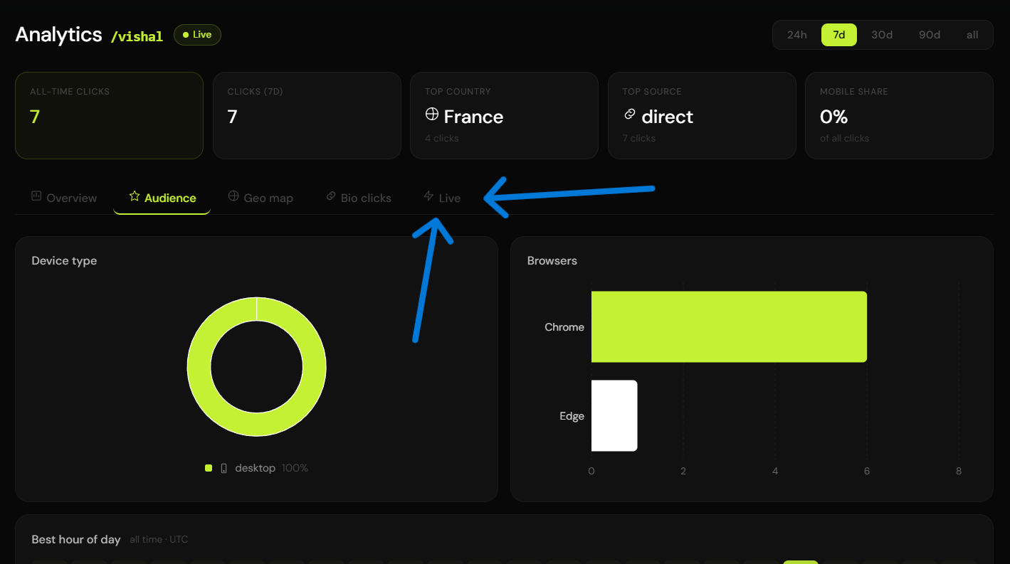 Live traffic tab in analytics view
