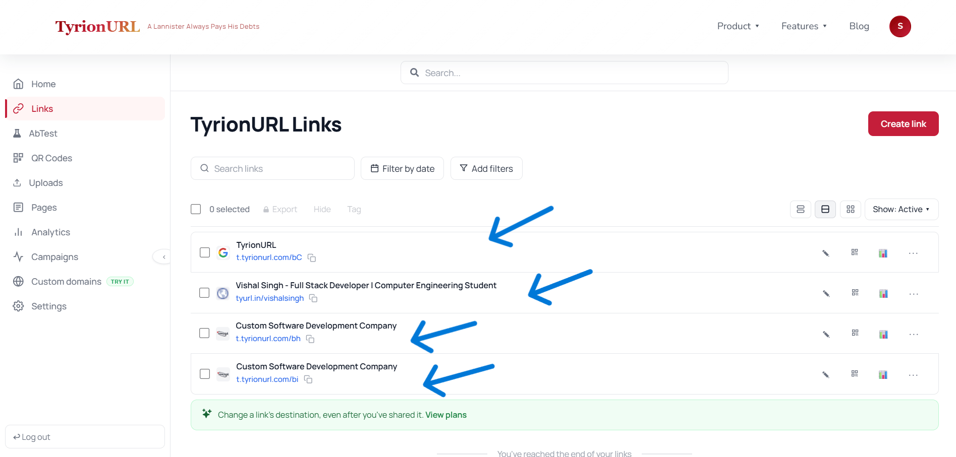 TyrionURL link management table