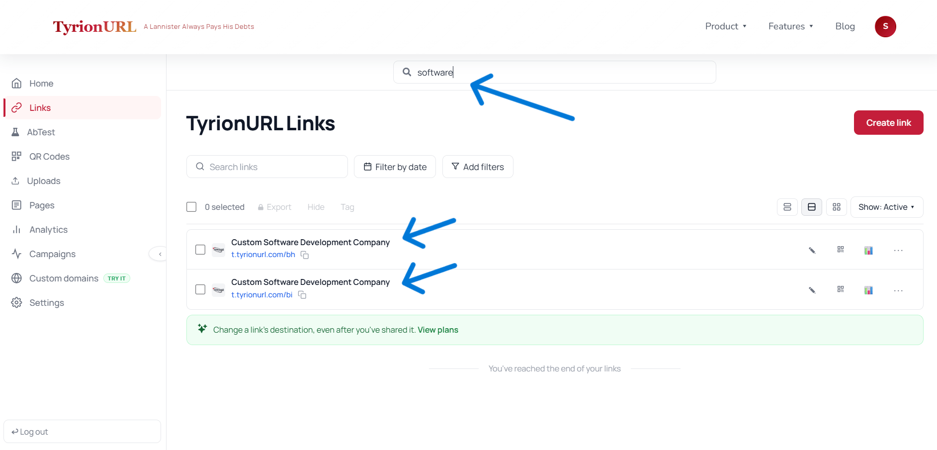 Link list filtered by search query