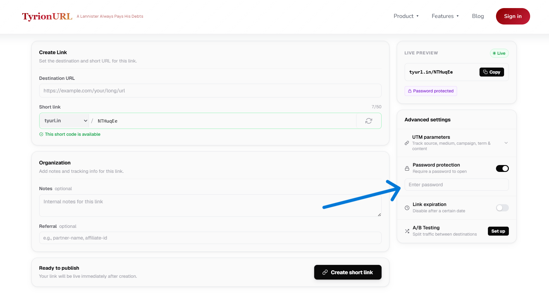 Password protection toggle in advanced settings