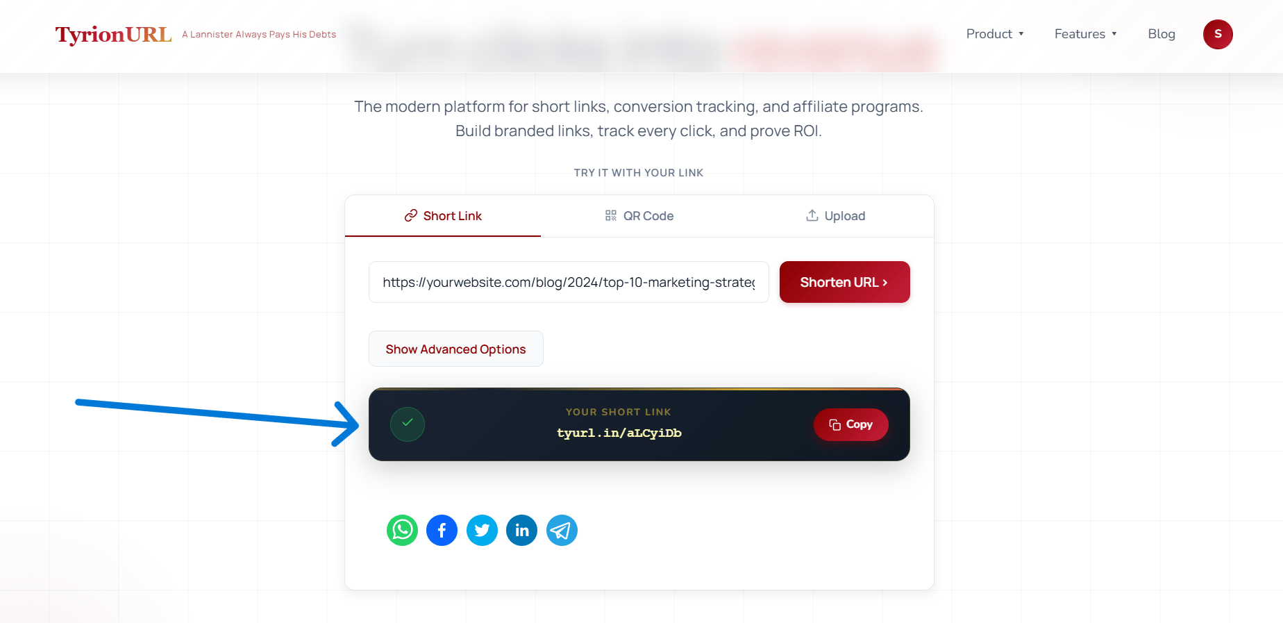 Generated short link with copy button