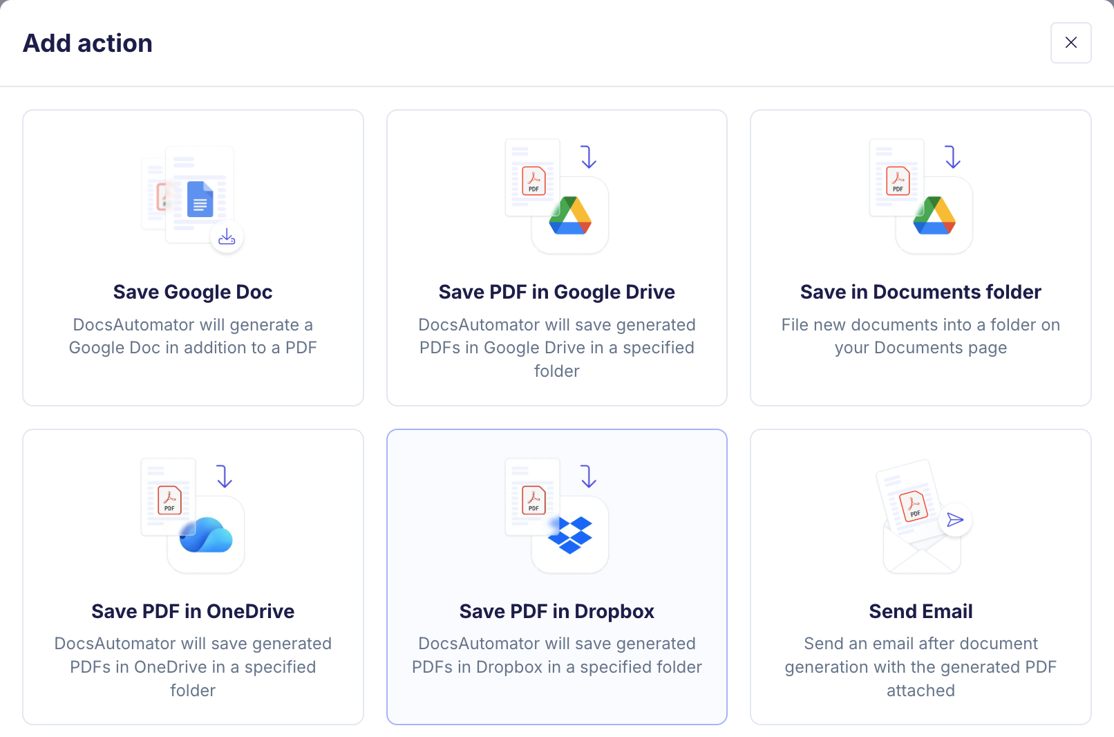 Add action dialog with the Save PDF in Dropbox card next to Save PDF in OneDrive and Send Email