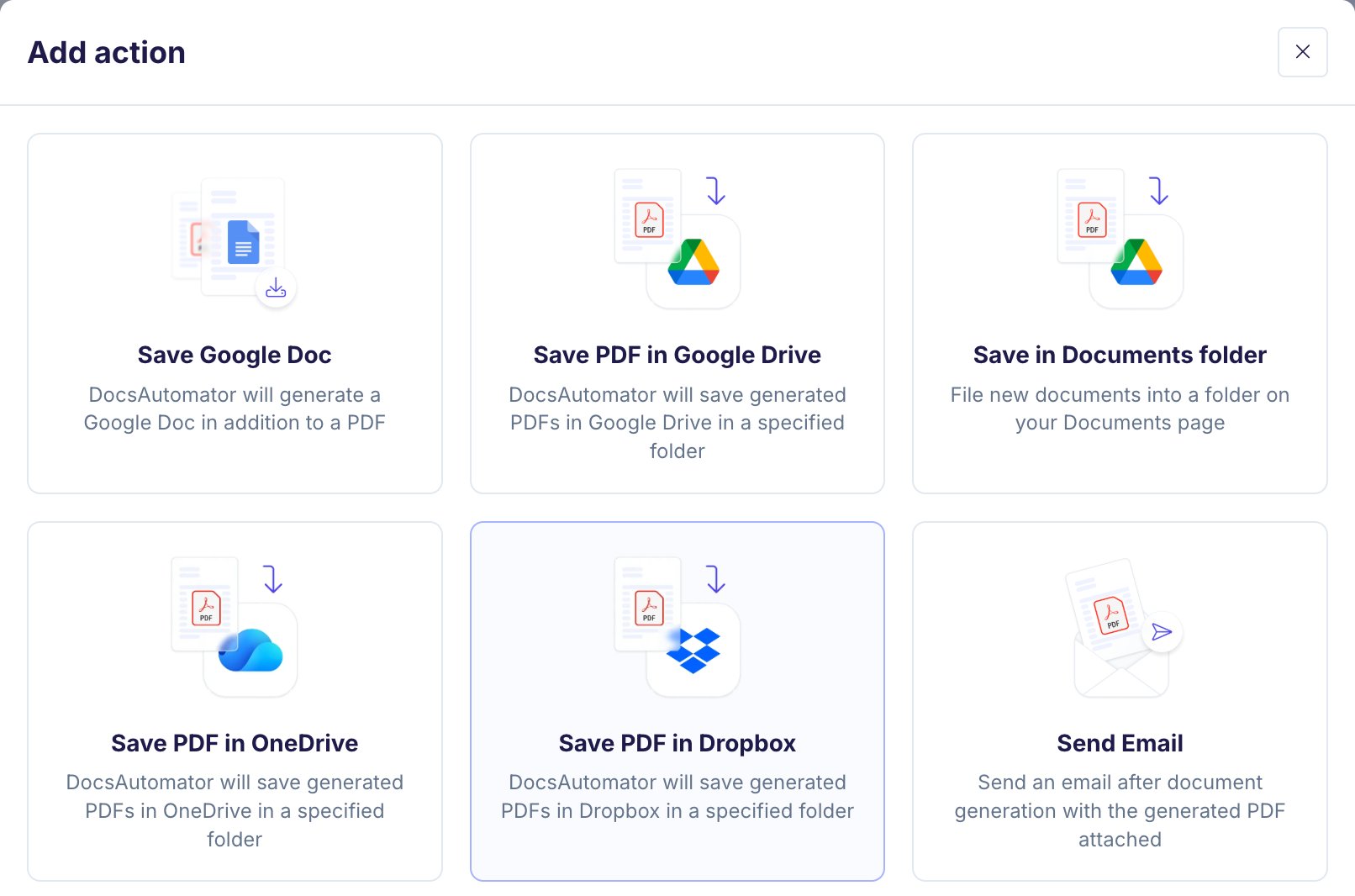 Add action dialog with the Save PDF in Dropbox card next to Save PDF in OneDrive and Send Email