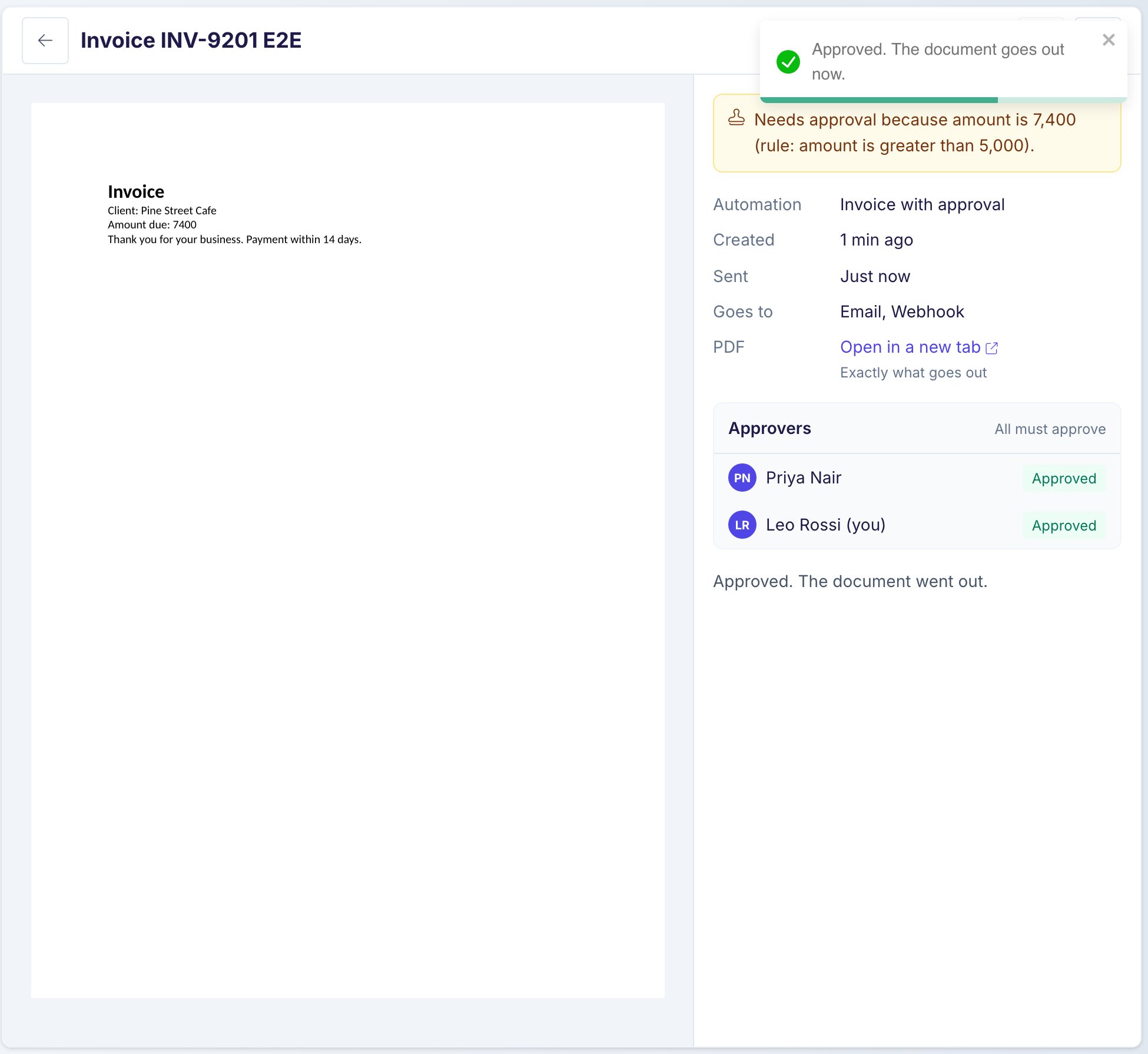 The review page after the second approval. A message says Approved. The document goes out now. Both approvers show Approved, and Sent shows Just now.