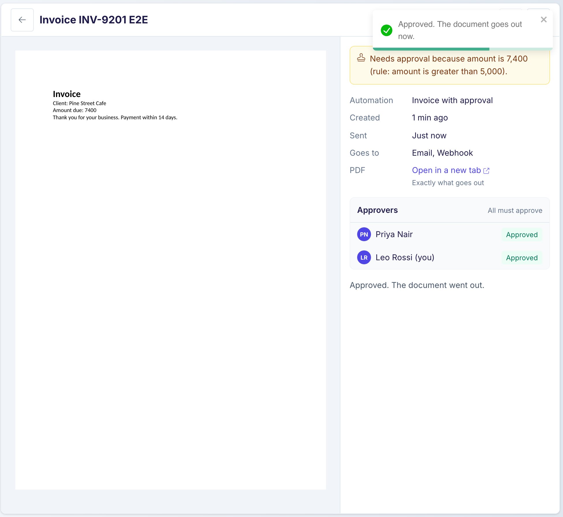 The review page after the second approval. A message says Approved. The document goes out now. Both approvers show Approved, and Sent shows Just now.