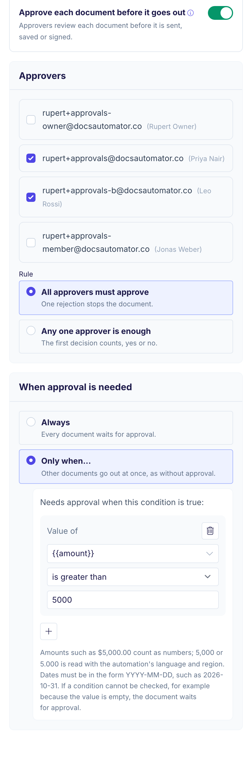 The Approvals card of an automation. The toggle Approve each document before it goes out is on. Under Approvers, two of four team members are checked. The Rule is All approvers must approve. Under When approval is needed, Only when is selected with the condition amount is greater than 5000.