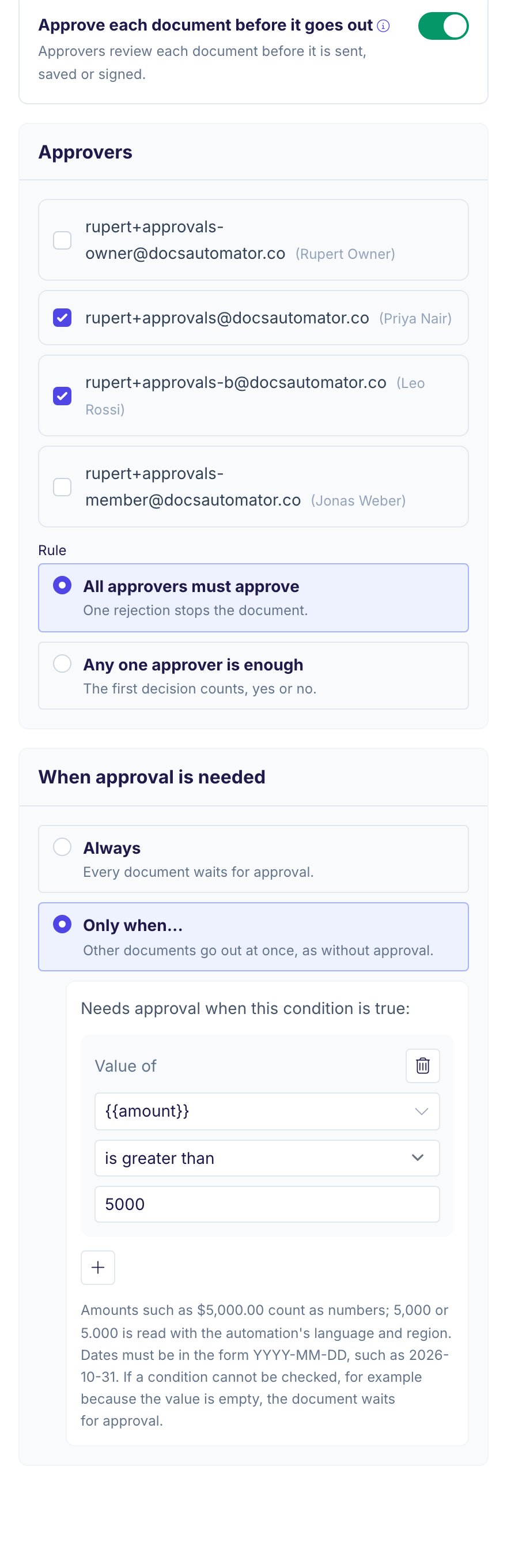 The Approvals card of an automation. The toggle Approve each document before it goes out is on. Under Approvers, two of four team members are checked. The Rule is All approvers must approve. Under When approval is needed, Only when is selected with the condition amount is greater than 5000.