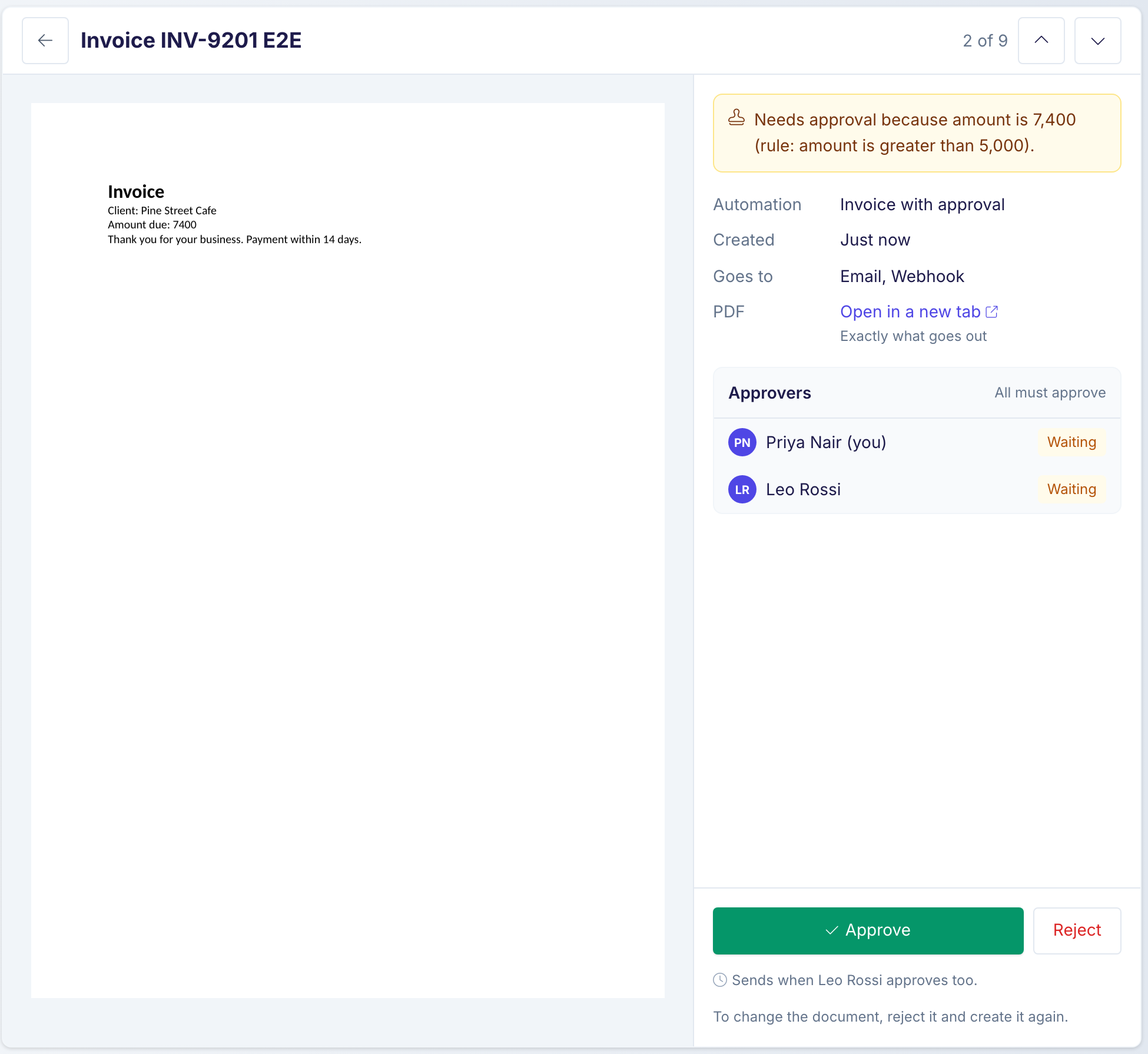 The review page for an invoice. The PDF is shown on the left. On the right, a note says the invoice needs approval because the amount is 7,400. Goes to lists Email and Webhook. Two approvers are both Waiting. Approve and Reject buttons are at the bottom.