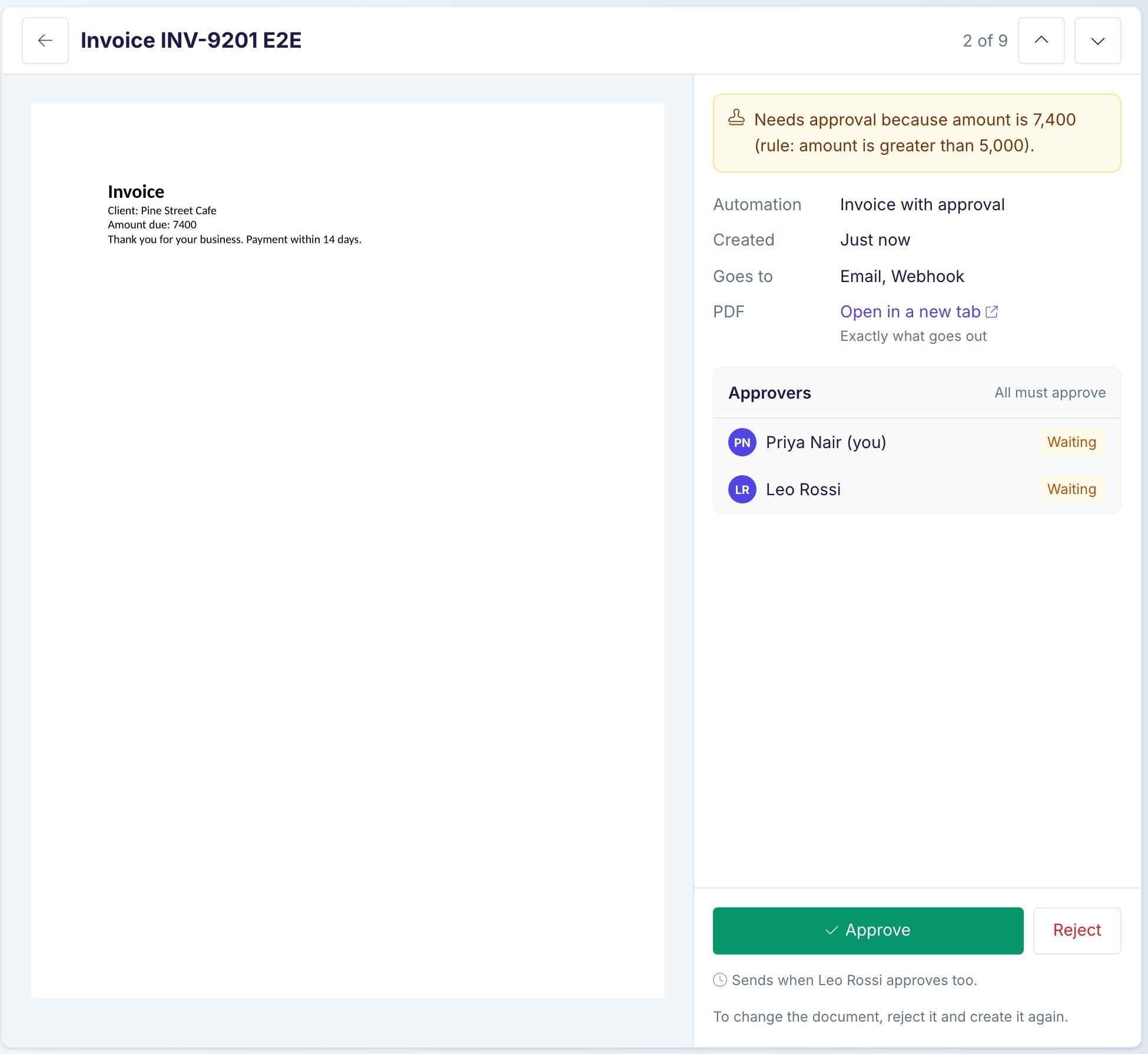 The review page for an invoice. The PDF is shown on the left. On the right, a note says the invoice needs approval because the amount is 7,400. Goes to lists Email and Webhook. Two approvers are both Waiting. Approve and Reject buttons are at the bottom.