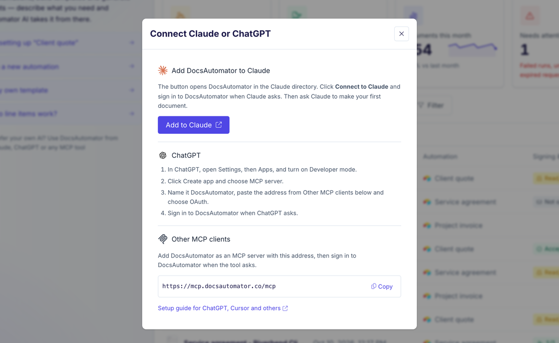 Connect Claude or ChatGPT dialog with the Add to Claude button, the four ChatGPT setup steps and the MCP server address for other MCP clients
