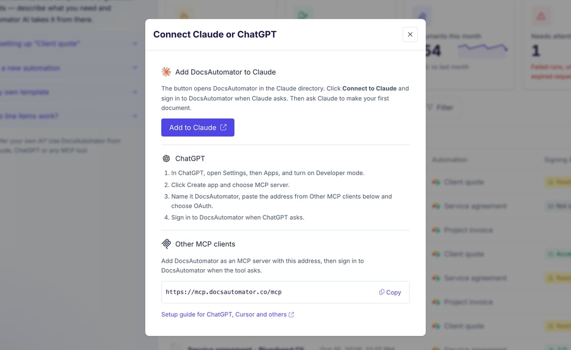 Connect Claude or ChatGPT dialog with the Add to Claude button, the four ChatGPT setup steps and the MCP server address for other MCP clients