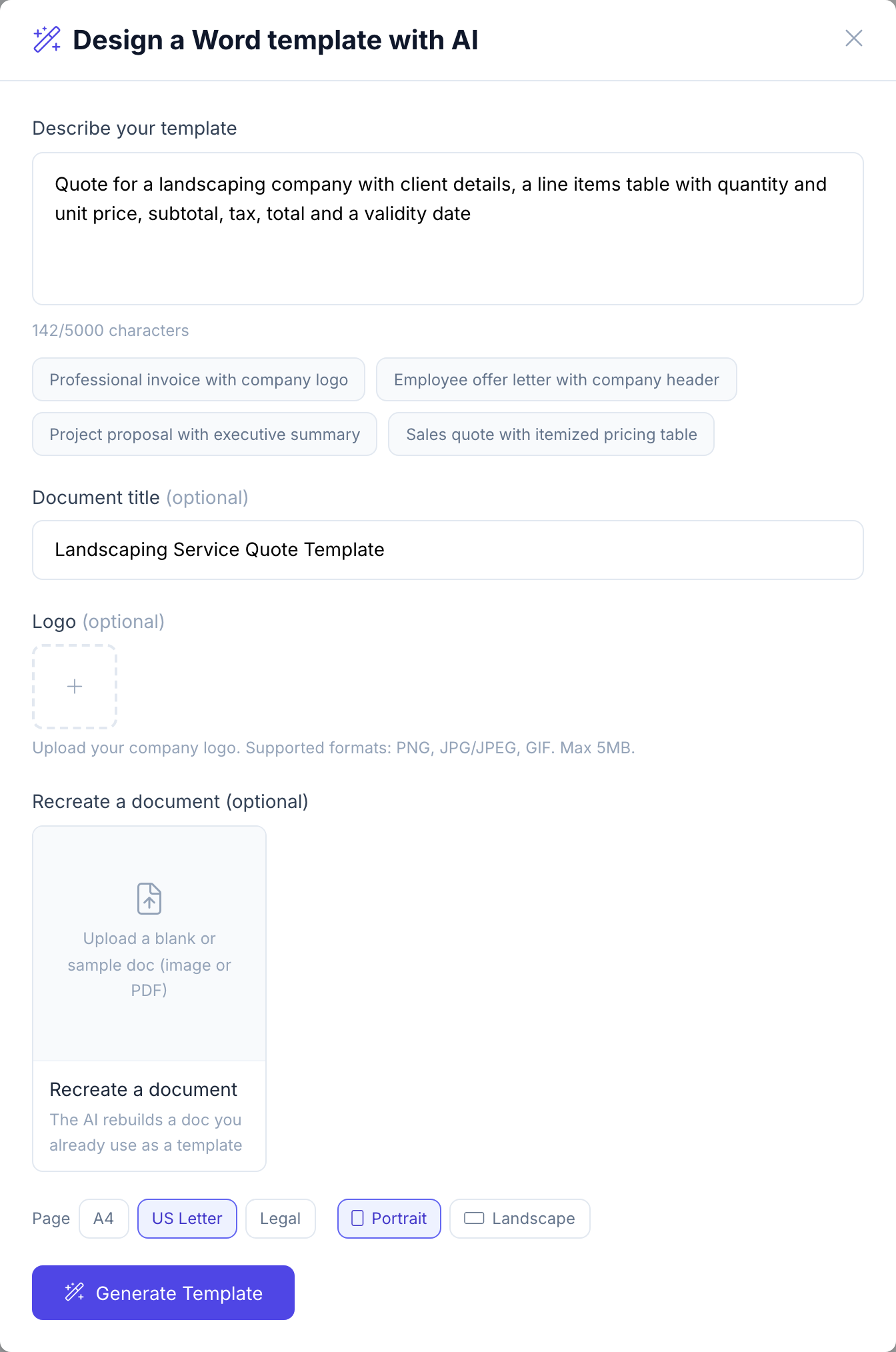 Design a Word template with AI dialog with a description of a landscaping quote, example prompts, document title, logo upload, Recreate a document and the page size