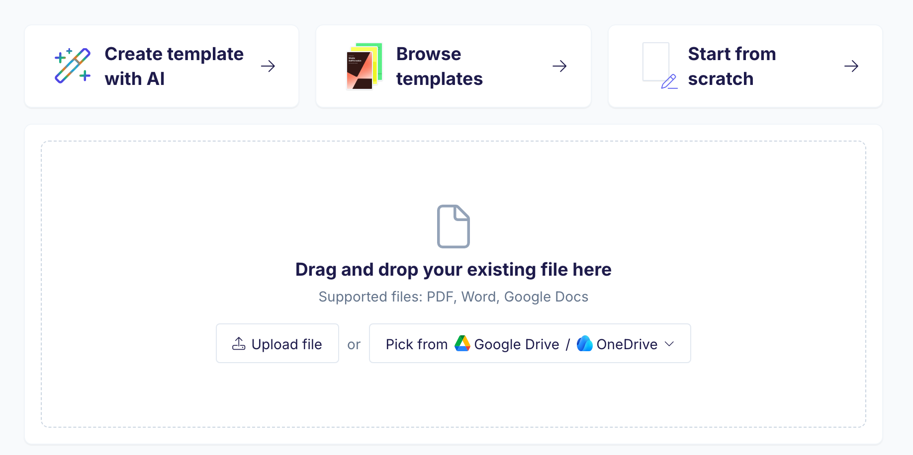 Template area with the cards Create template with AI, Browse templates and Start from scratch above a drop zone for files