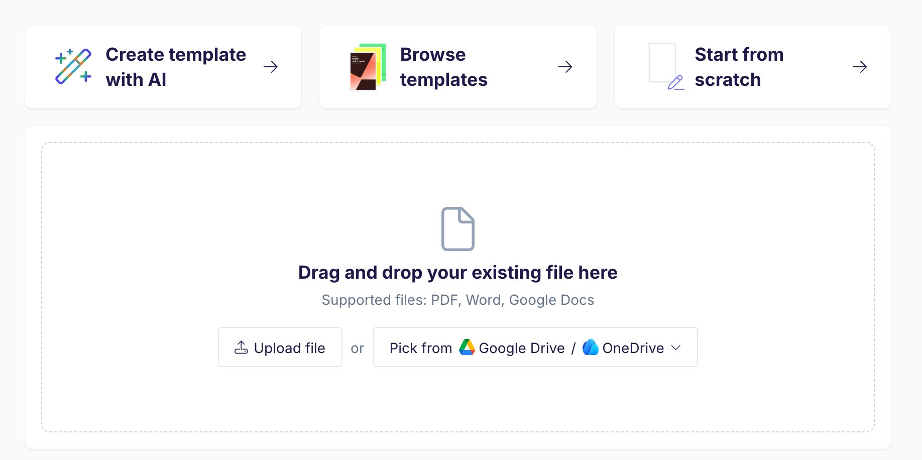 Template area with the cards Create template with AI, Browse templates and Start from scratch above a drop zone for files