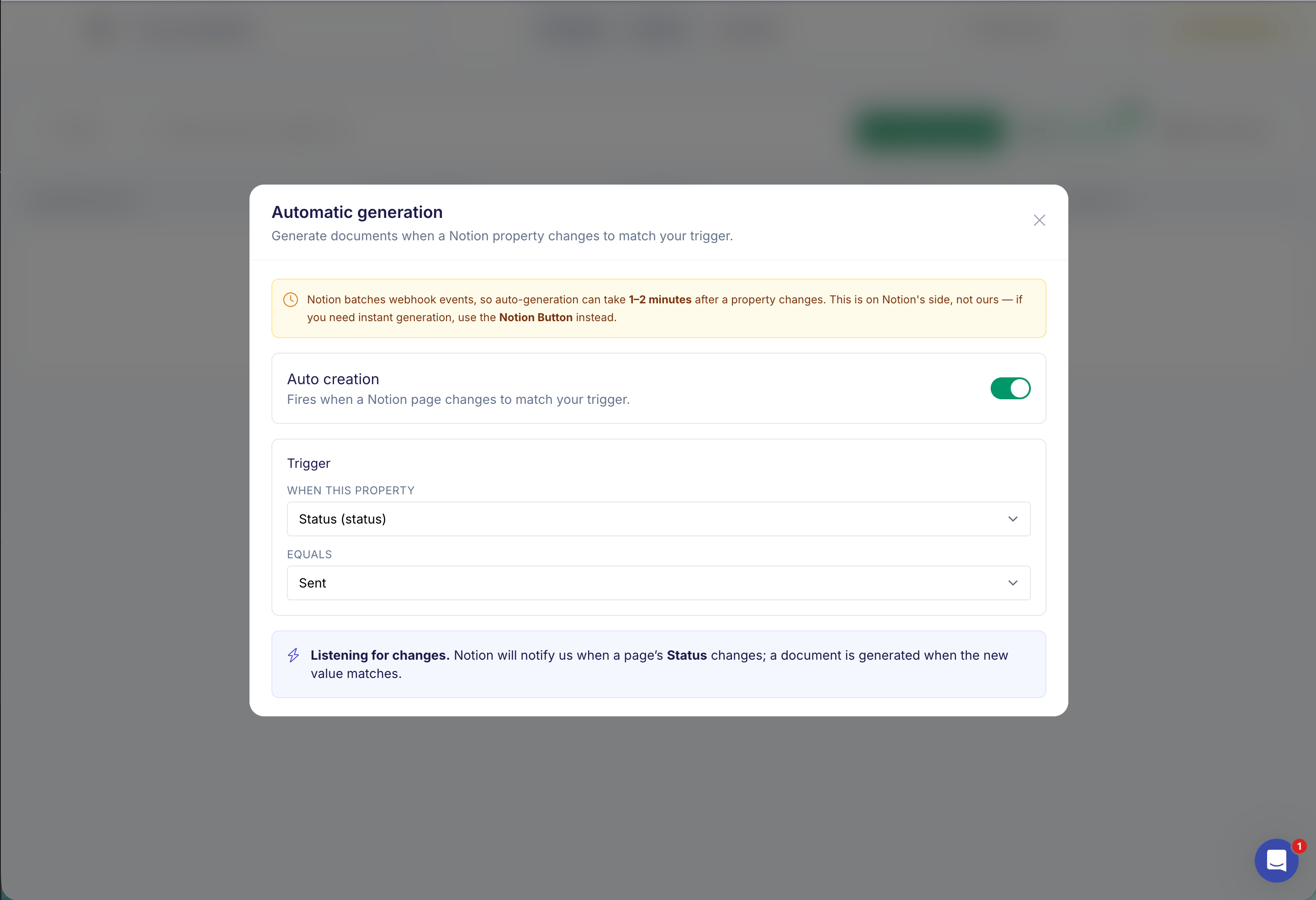 Auto Creation panel showing the trigger property and value selection