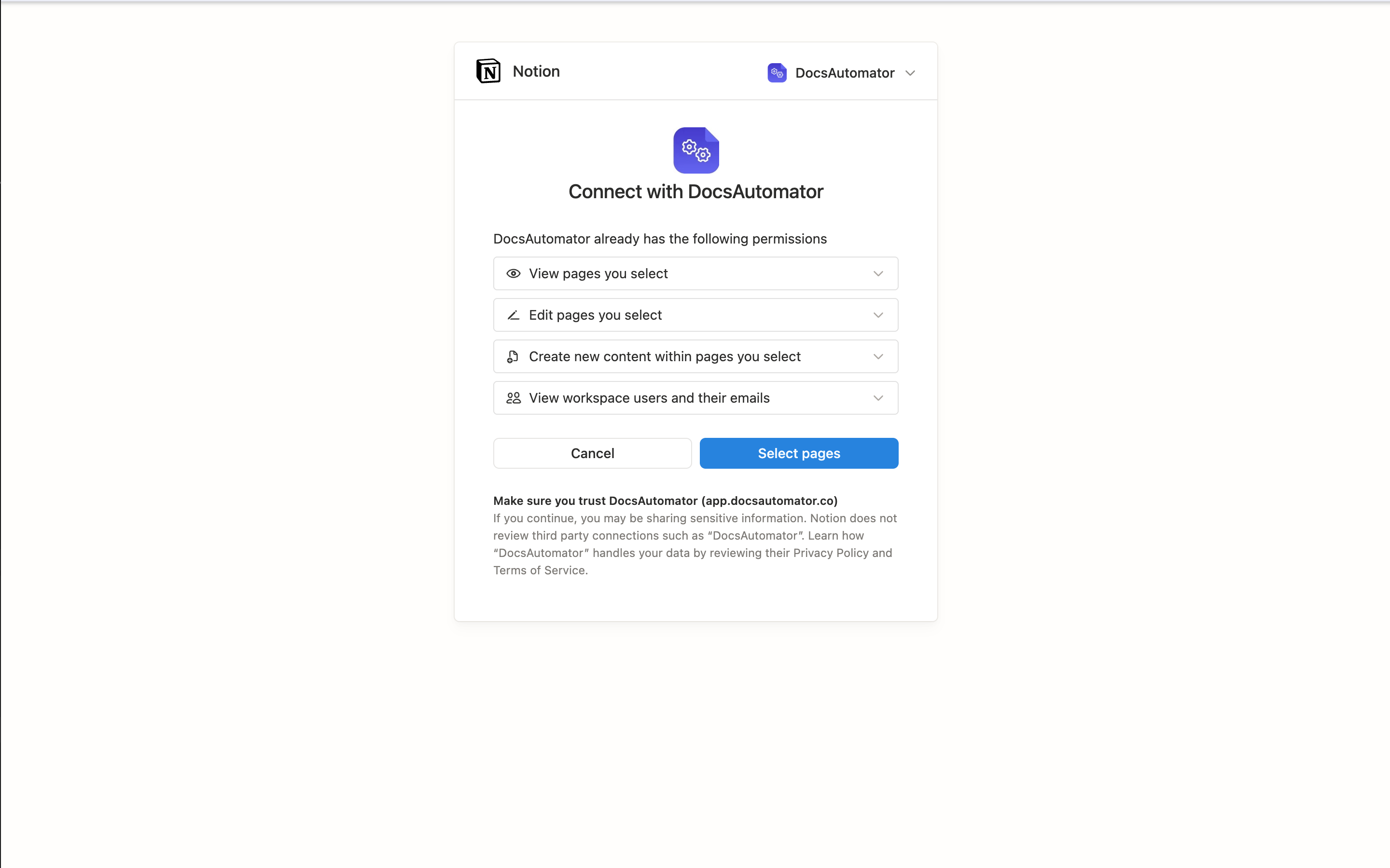 Authorizing DocsAutomator in Notion and selecting databases to share