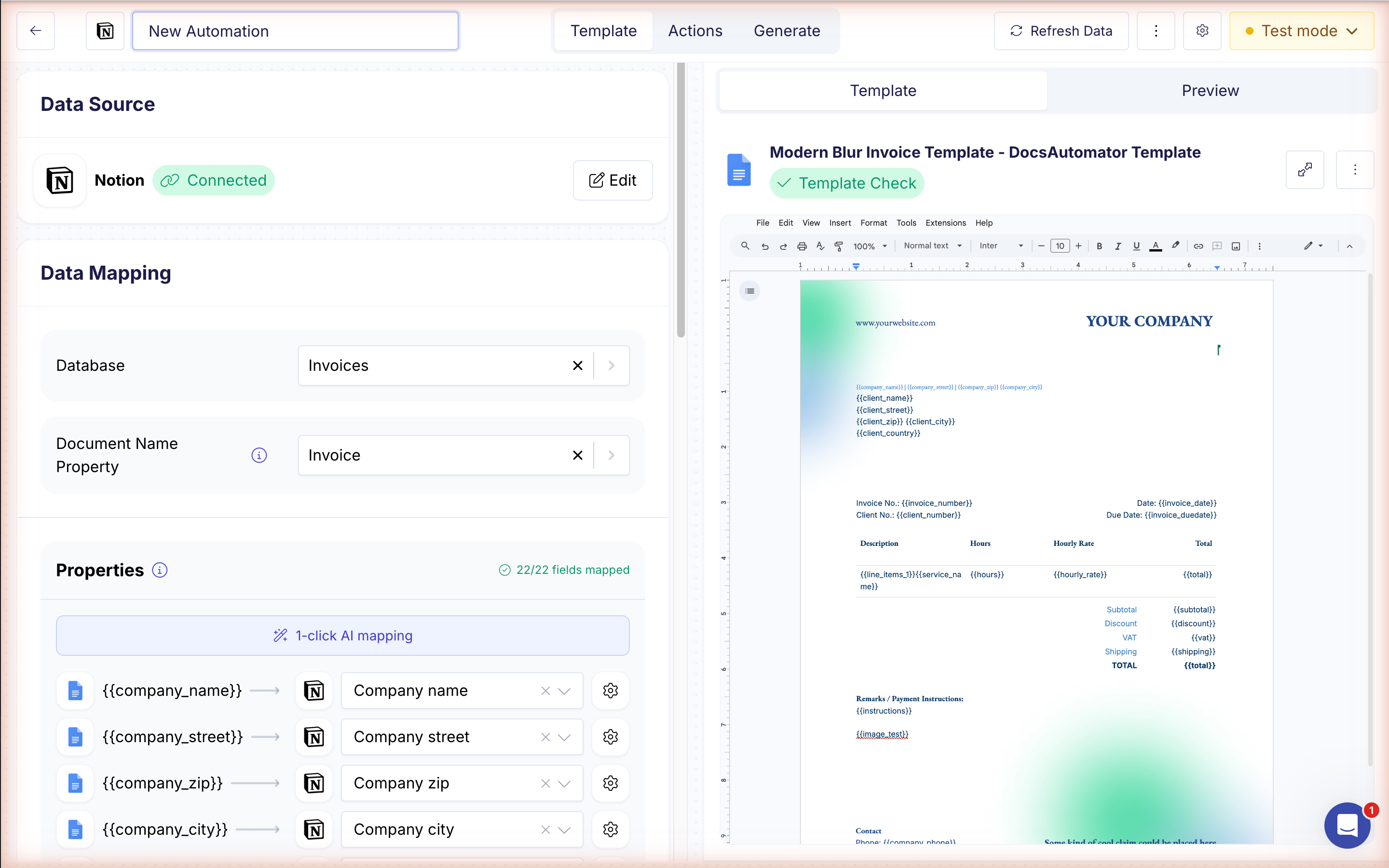 Selecting a Notion database in the DocsAutomator automation builder