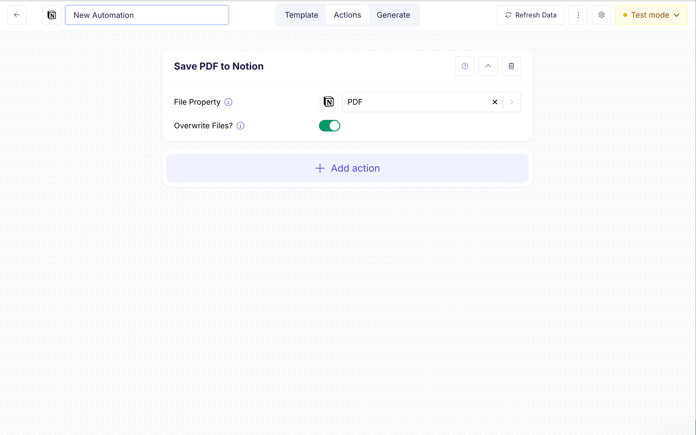 Actions tab with file property and URL property pickers for Notion write-back