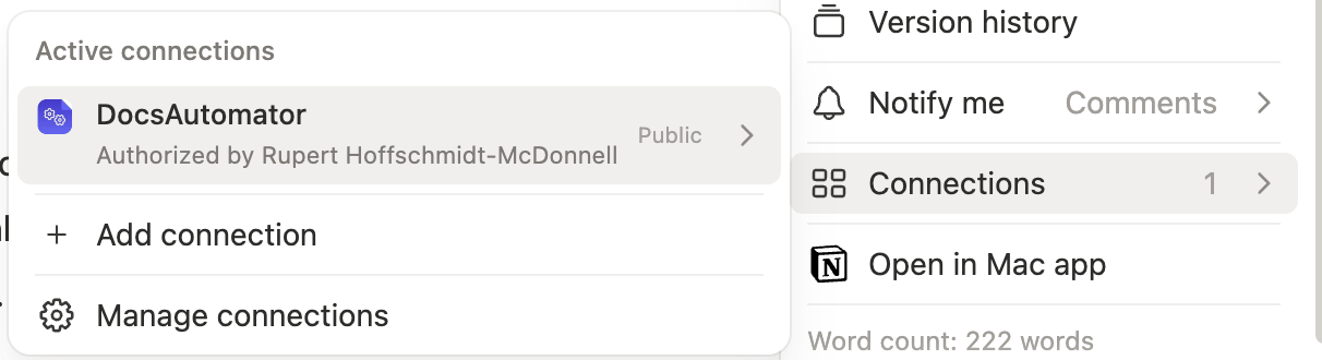 Sharing a database from the Connections menu in Notion