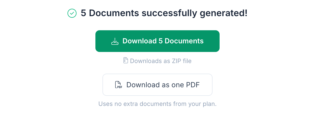 Result of a batch run with the Download 5 Documents button for the ZIP file and the Download as one PDF button below it