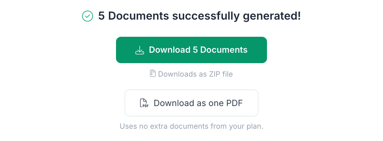 Result of a batch run with the Download 5 Documents button for the ZIP file and the Download as one PDF button below it