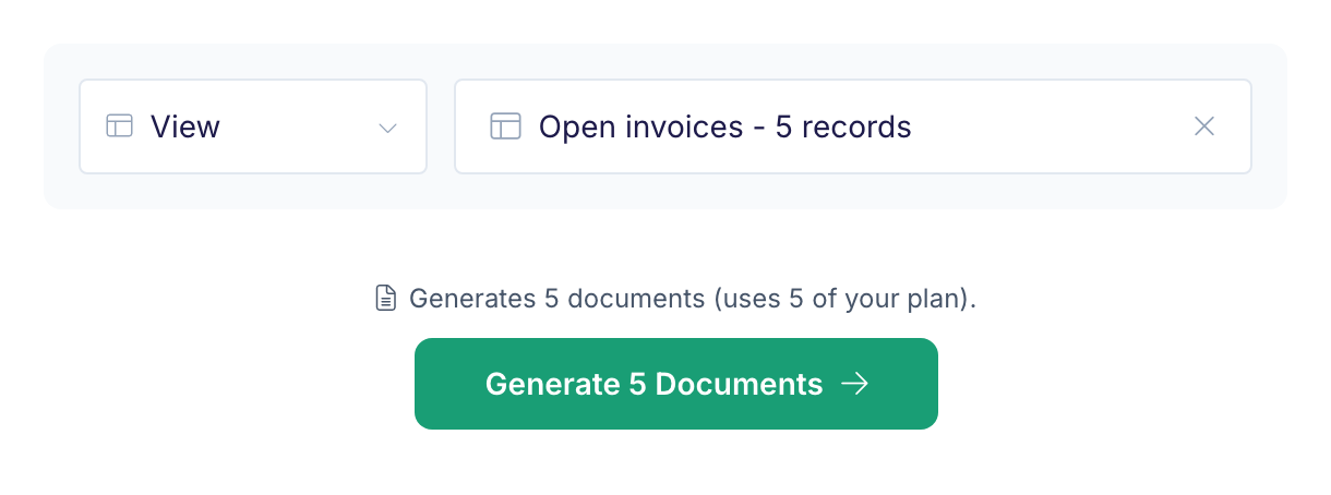 View picker set to the view Open invoices with 5 records, and the line Generates 5 documents (uses 5 of your plan) above the Generate 5 Documents button